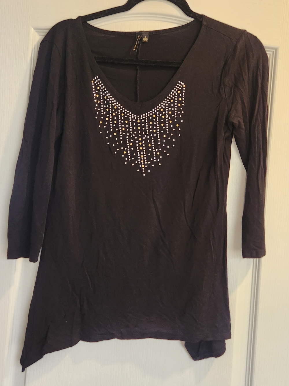 Susan Lawrence Black Long-Sleeve Top with Rhinestone V-Detail S Euc